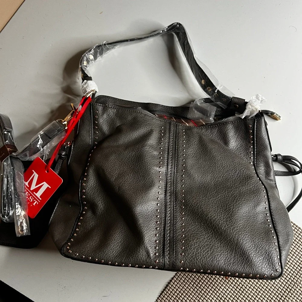 Montana West Select Concealed Carry Hobo Bag Gray Studded Vegan Leather Holster
